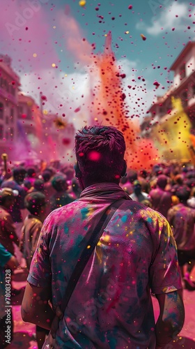 Joyous Chaos of the Vibrant Holi Festival Celebrants Covered in Vivid Powders Rejoicing in Collective Delight