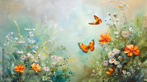 A serene nature scene with colorful butterflies, flowers and greenery.