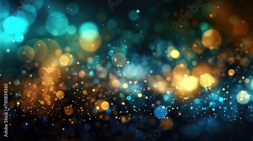 glitter vintage lights background. gold, blue and black. de-focused. blurred yellow and cyan glow sparks from neon lights with blank spot on black background