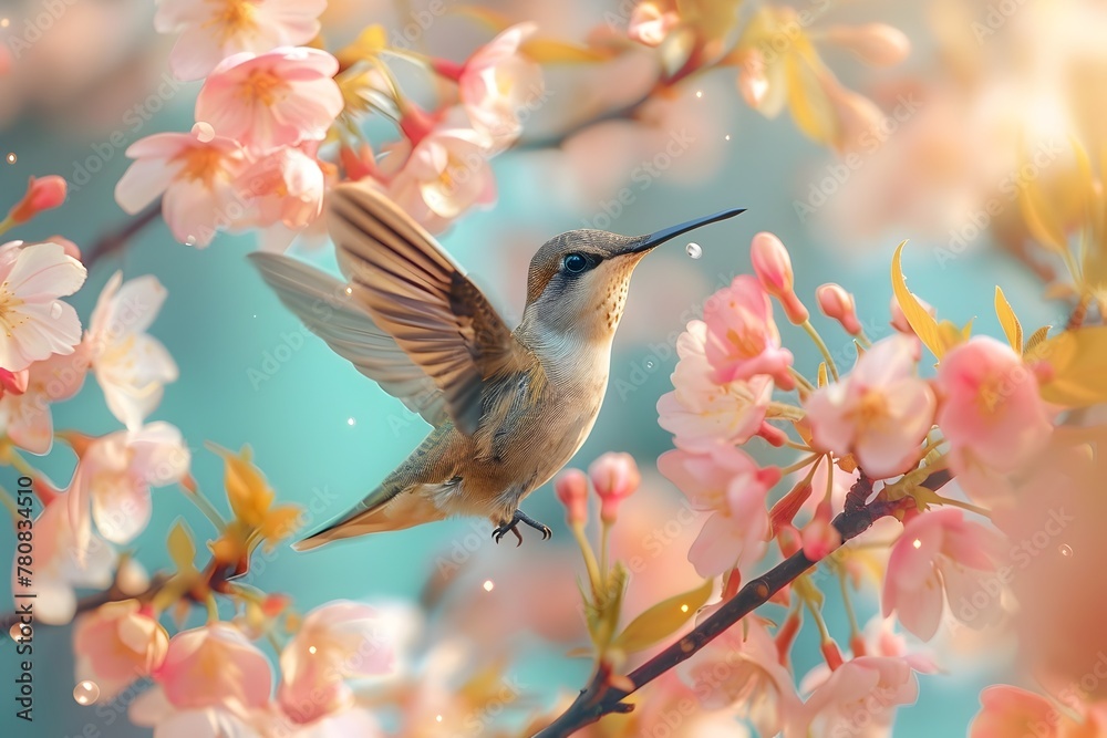 Fototapeta premium Lively Hummingbird Among Blooming Flowers Showcasing Nature s Delicate Balance