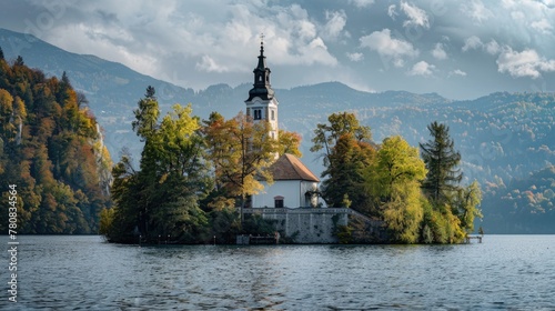 A picturesque church located on a small island in the middle of a tranquil lake. Suitable for travel and religious concepts