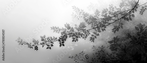 Tree branches with leaves on foggy background. Black and white.