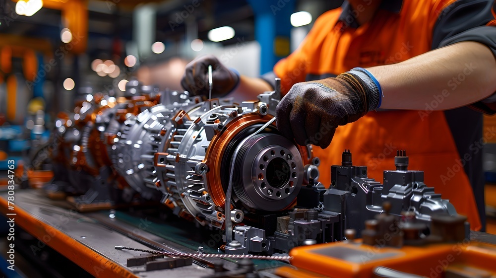 Fototapeta premium Skilled Mechanic Repairing Engine Components in Automotive Workshop