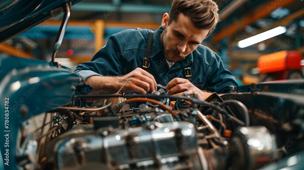 Skilled Mechanic Diligently Repairing Car Engine in Automotive Workshop Skilled Mechanic Diligently Repairing Car Engine in Automotive Workshop