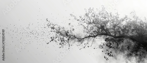 Tree branches with leaves on foggy background. Black and white.