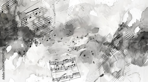 sheet music overlaid on an abstract background of black and grey watercolor splashes