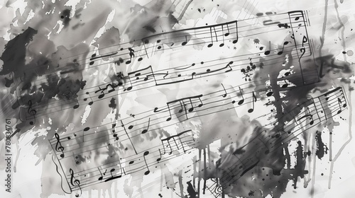 sheet music overlaid on an abstract background of black and grey watercolor splashes