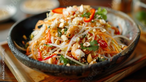 Thai dishes. Salad of green papaya, peeled crab meat and cashew nuts.