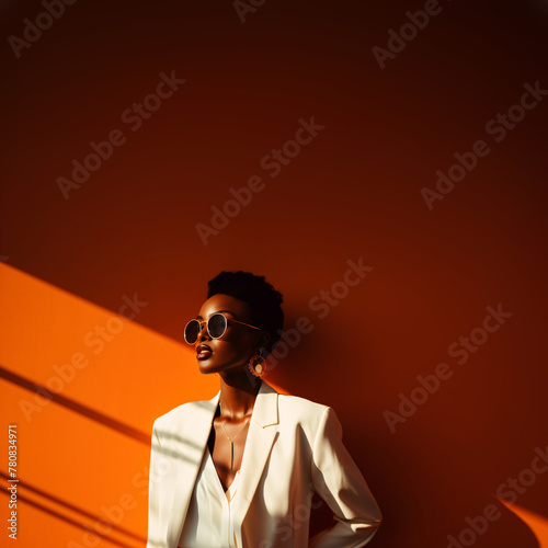 portrait of a cool and modern black woman in front of a orange wall background