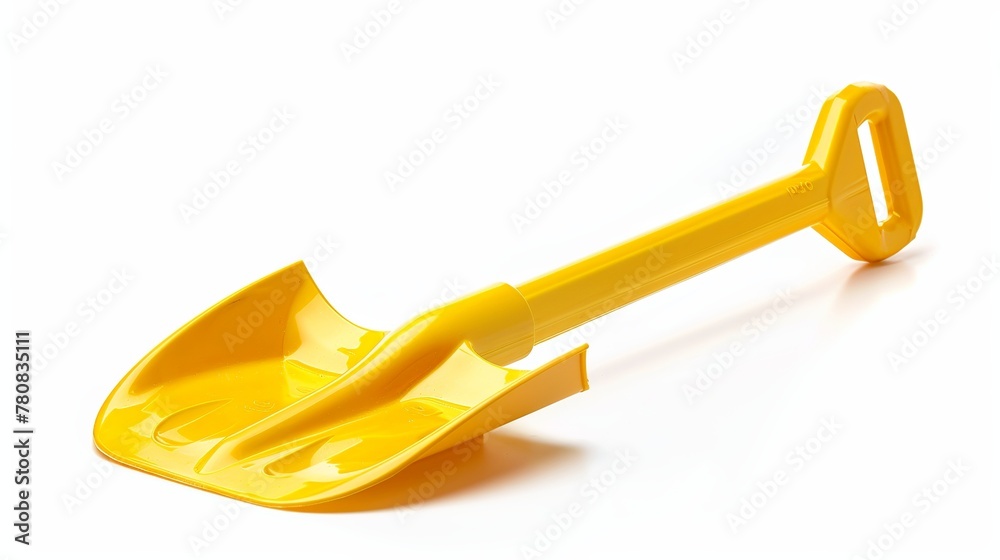 Vibrant yellow toy shovel isolated on a white background.