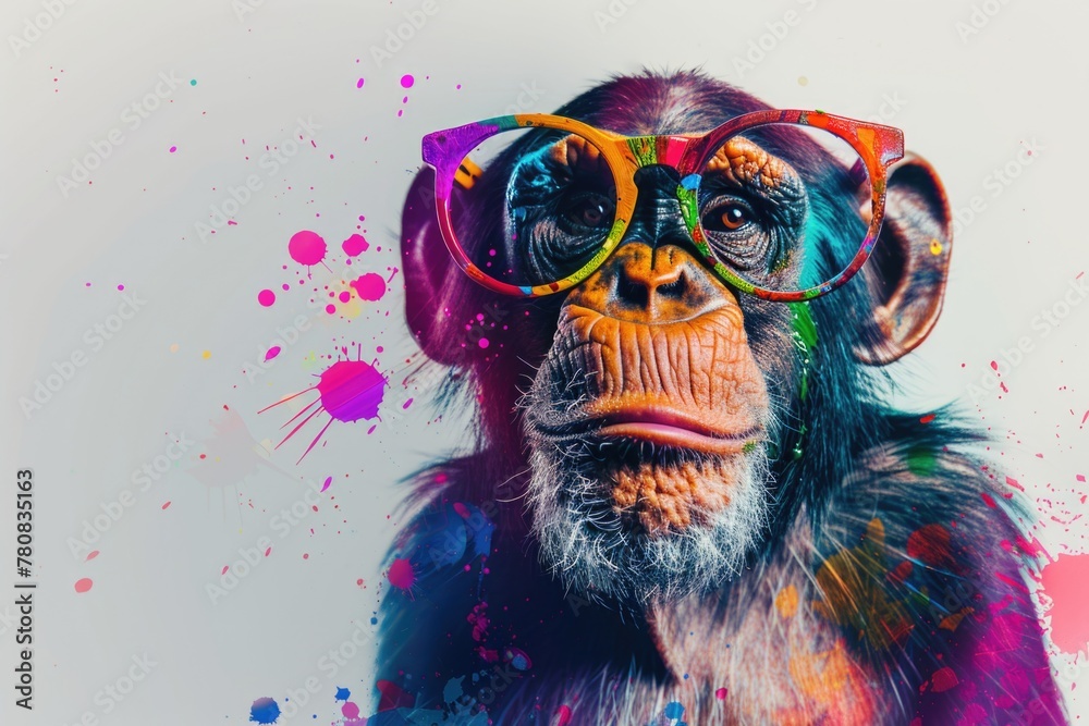 A playful monkey wearing glasses with colorful paint splatters on its face. Suitable for creative and artistic concepts - obrazy, fototapety, plakaty 