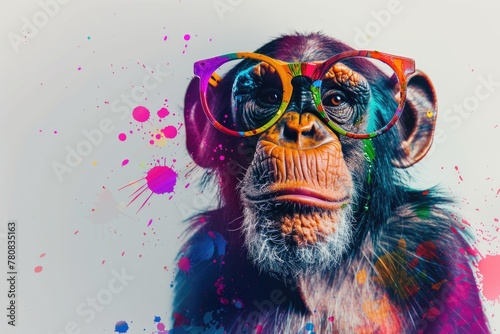 A playful monkey wearing glasses with colorful paint splatters on its face. Suitable for creative and artistic concepts