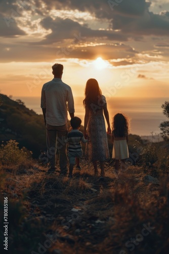 A man and two children standing on a hill. Suitable for family or outdoor activities concept © Fotograf