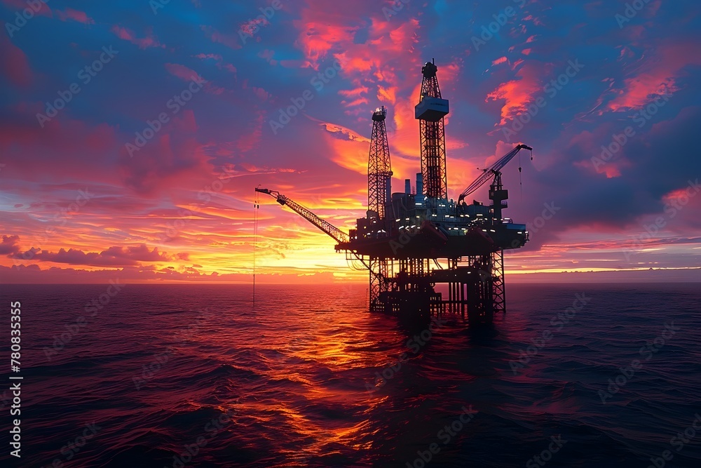 Vibrant Offshore Oil Rig at Dawn Breaking Over Tranquil Seascape with Dramatic Sky