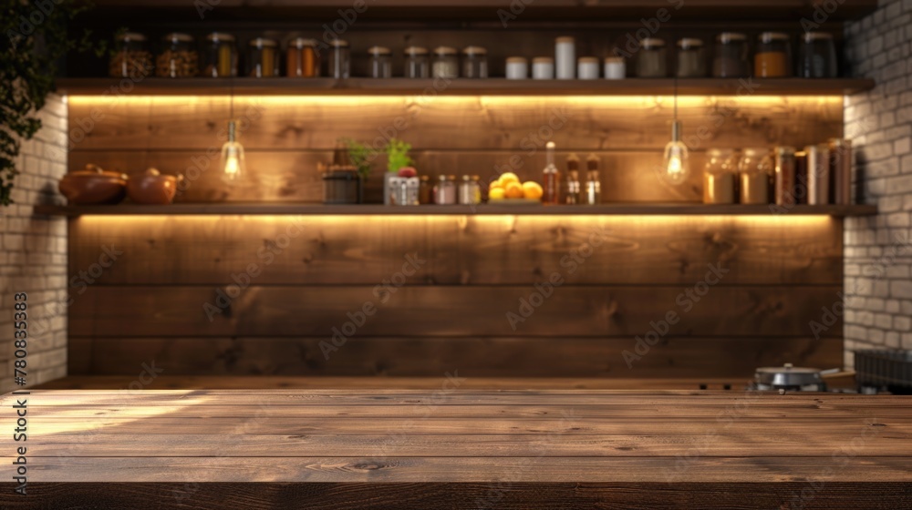 A rustic wooden table in front of a textured brick wall. Ideal for interior design or restaurant concepts