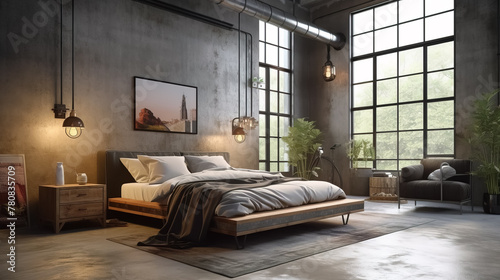 Beautiful Industrial style bedroom with raw concrete walls photo