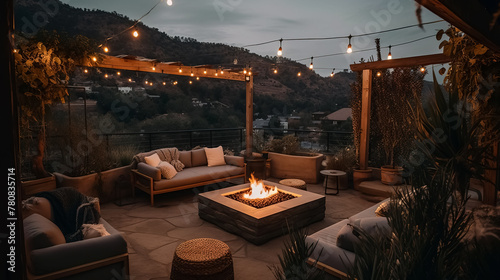 Beautiful modern outdoor patio with a fire pit