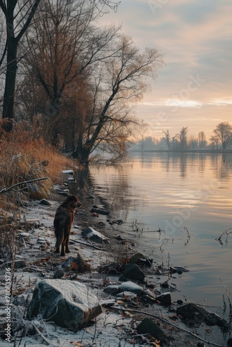 A dog standing on the shore of a peaceful lake. Suitable for nature and animal themes