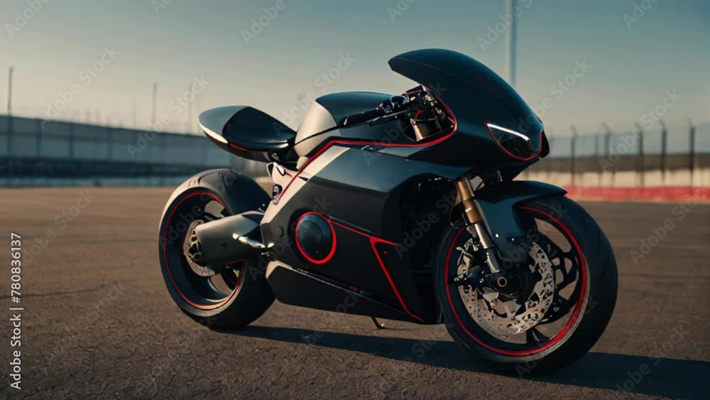 A black super sports motorcycle with red accents is parked on a road.