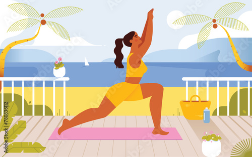 Young beautiful woman doing yoga exercise for wellbeing on the terrace with sea view. Physical activity on the nature. Flat vector illustration