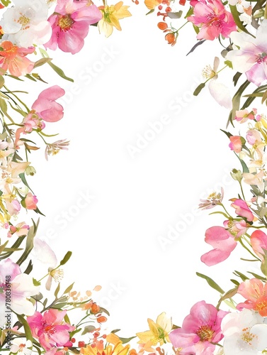 a frame of beautiful spring flowers in a watercolor style on a white background 