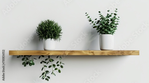 Wooden shelf mounted on a white wall adorned with a green plant.