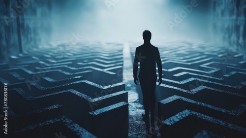 A man in a suit standing in front of a challenging maze. Suitable for business concept designs