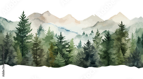 Watercolor mountains spruce trees landscape border, isolated hand drawn, watercolor illustration transparent background