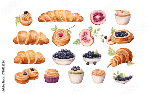 Watercolor pastries clipart croissant bagel bread cupcake pie cafe tea berries vector