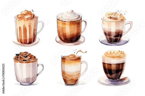 Watercolor illustration sketch coffee cup glass foam aroma grain clipart set