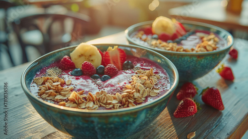 Two acai berry bowls on a table photo