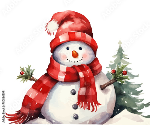 Watercolor illustration of a Christmas snowman in a red hat and scarf, New Year, winter holidays, holiday design, print, vector