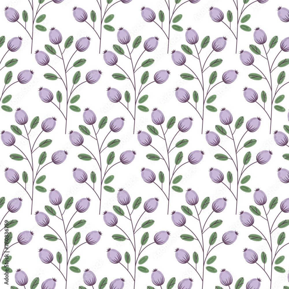 Seamless floral pattern with violet flowers and leaves on a white background
