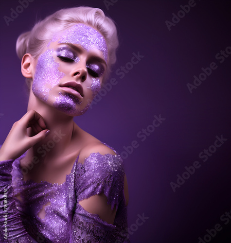 Fashion editorial Concept. Stunning beautiful blond woman girl high fashion striking violet purple glitter shimmer glitter sparkle makeup and outfit. copy text space
