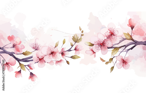 Watercolor floral Border Sakura, Cherry blossom, spring flowers, branch, twig, wedding design