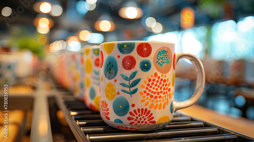 A patterned mug in a cafe setting.