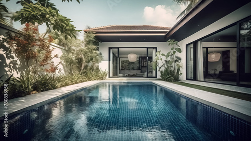Interior and exterior design of luxury pool villa