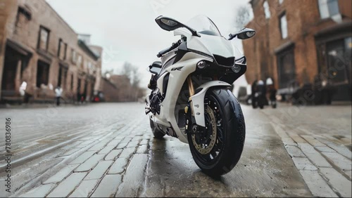 A white motorcycle is parked on a cobblestone street. photo
