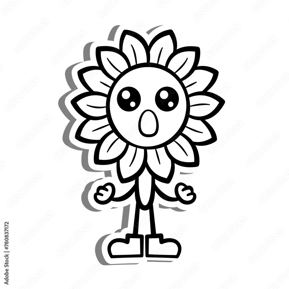 Black line Retro Cartoon Sunflower is Worried. on white silhouette and gray shadow. Doodle Style Vector illustration for decorate, coloring and any design.