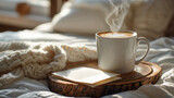 Steaming coffee cup on wooden tray with blanket