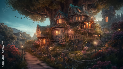 Beautiful fairytale treehouse village, Enchanted Woods. © lali