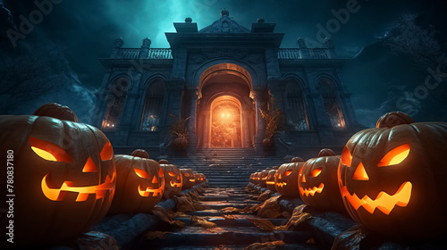 Jack O Lanterns pumpkins and candles glowing at spooky mysterious castle photo