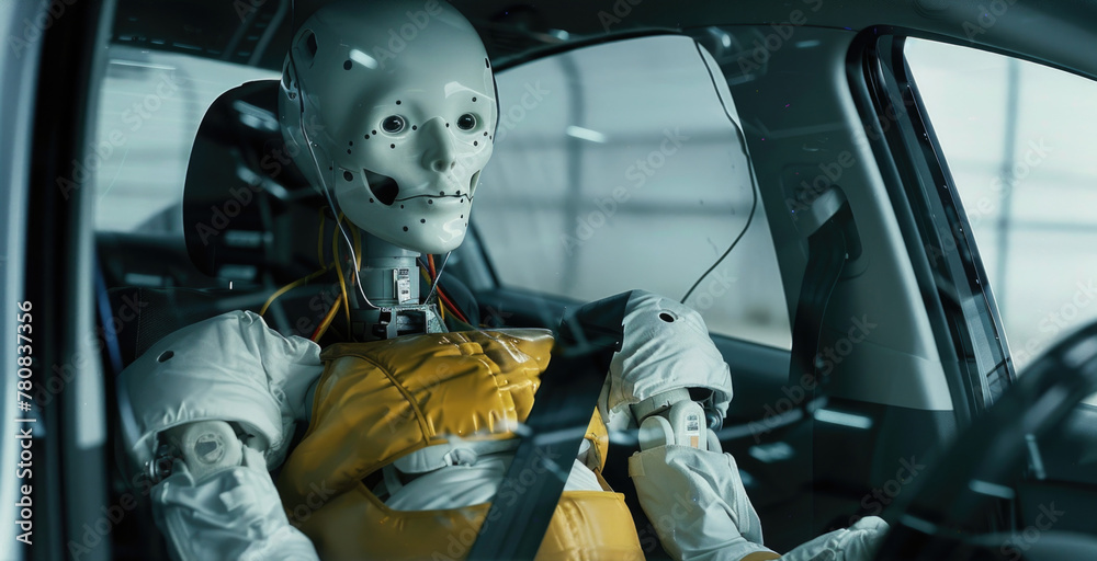 A humanoid sitting in a car holding a cell phone. Suitable for technology and transportation concepts A humanoid sitting in a car holding a cell phone. Suitable for technology and transportation concepts