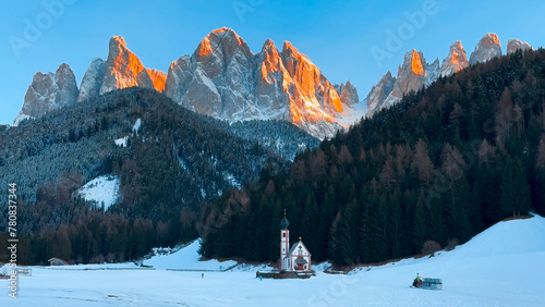 Winter landscape Dolomites Alps Santa Maddalena village Val di Funes valley South Tyrol Italy.