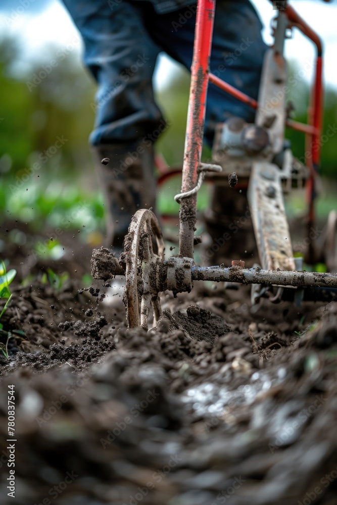 Obraz premium Agricultural worker using tractor for plowing. Suitable for farming publications