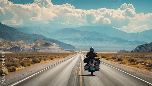 A man rides a motorcycle on a long empty road in the desert.