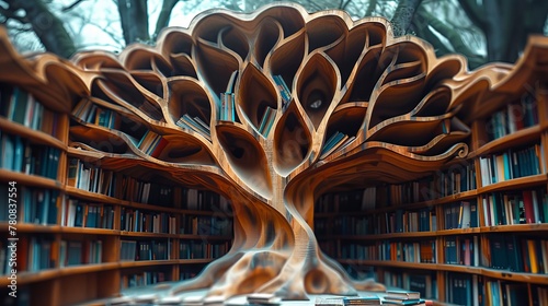 Wooden tree adorned with books against a blurred library background, adding to its flawless appearance.