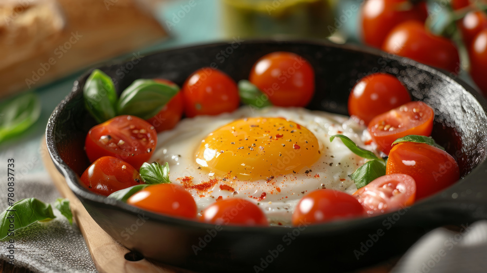 Fried egg with tomatoes in a skillet Fried egg with tomatoes in a skillet
