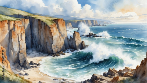 Watercolor scene capturing the rugged beauty of a windswept coastline, with dramatic cliffs and crashing waves. photo