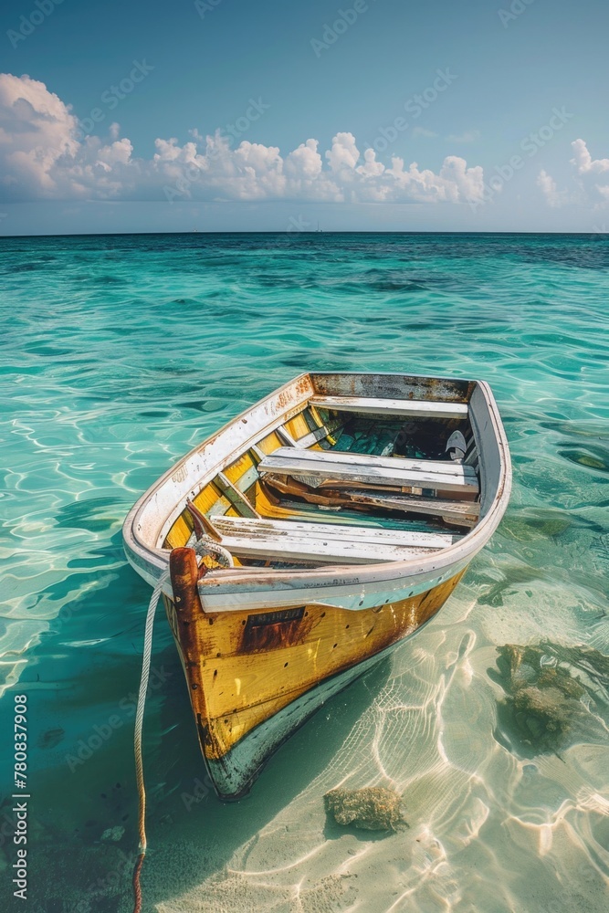 Obraz premium A small boat floating on calm water. Suitable for travel or relaxation themes